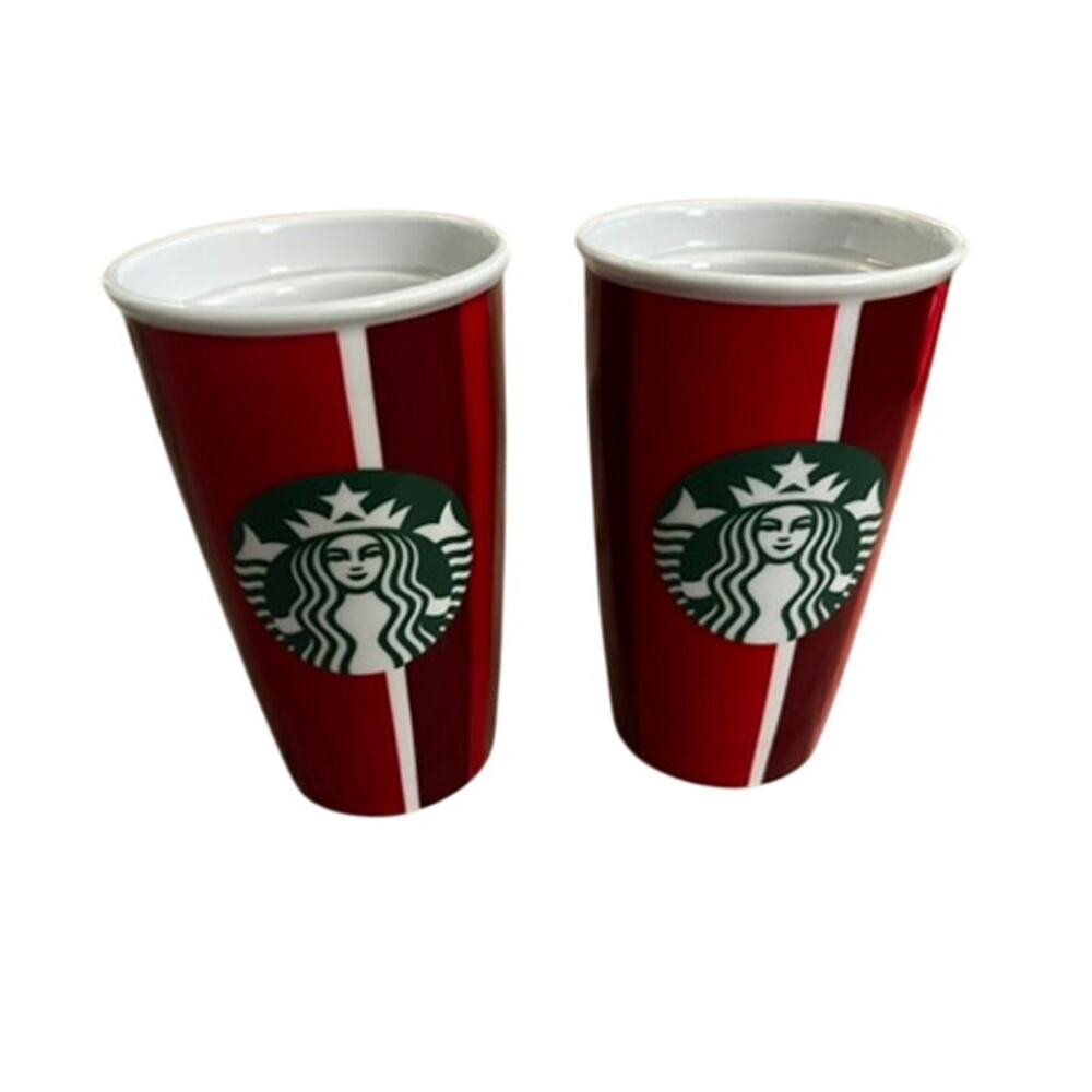 EUC Set of Starbucks Holiday mugs w no lids red white 7 inch festive Christmas